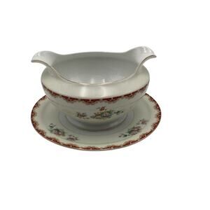 Vintage Rutland Pattern Porcelain Gravy Boat with Attached Under Plate